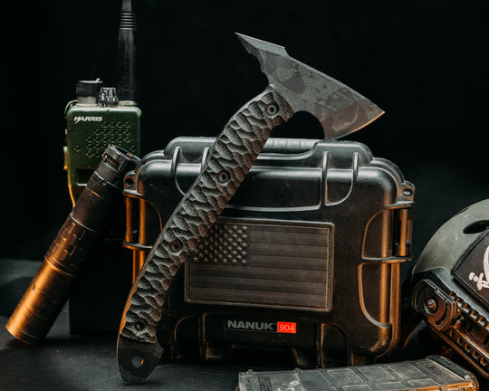 Bleeding Heart Hawk - Black Burlap Micarta, Urban Stone Cerakote, Allen Bolts, Chaos Grip