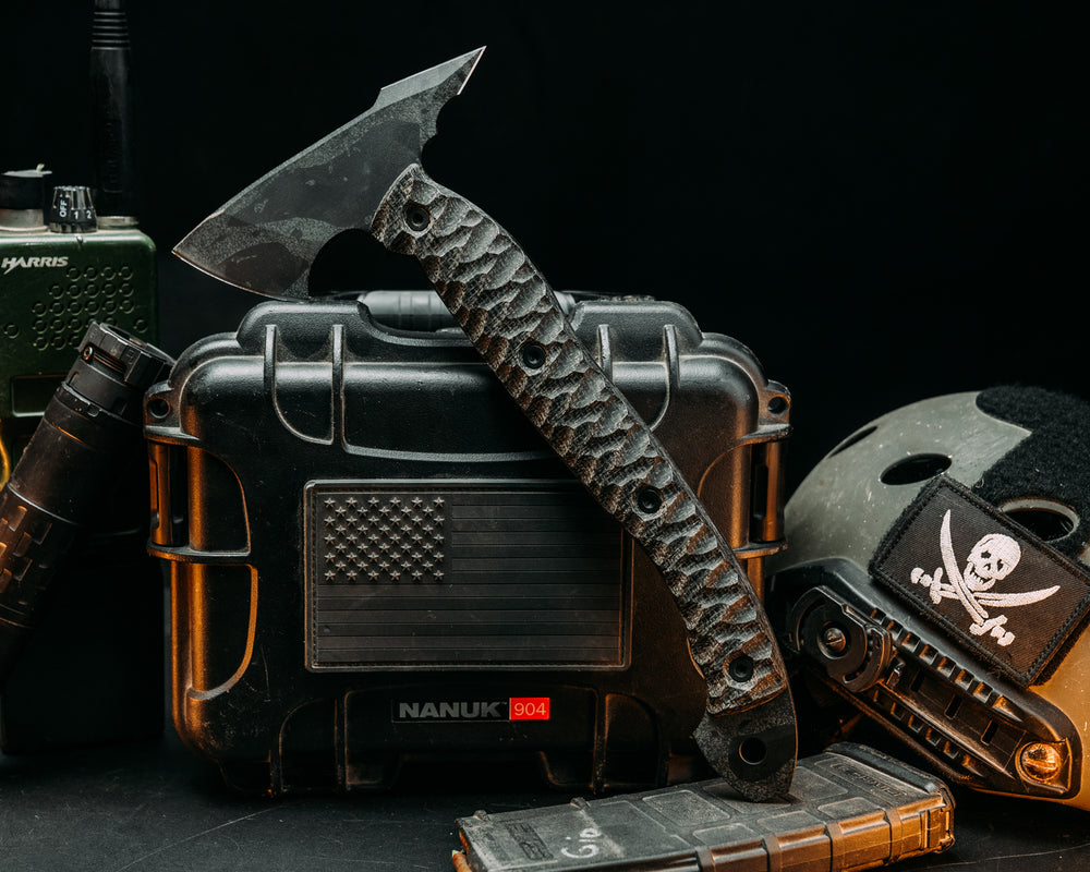 Bleeding Heart Hawk - Black Burlap Micarta, Urban Stone Cerakote, Allen Bolts, Chaos Grip