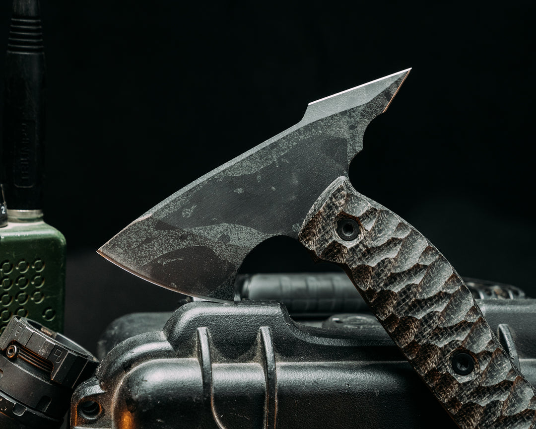 Bleeding Heart Hawk - Black Burlap Micarta, Urban Stone Cerakote, Allen Bolts, Chaos Grip