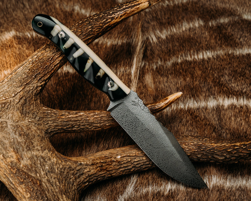 Crow Scout- Giraffe Bone & Crocodile Teeth in Tru LaRue Glow Resin, Mosaic Pins, Brass Lanyard Pin, Smooth Grip