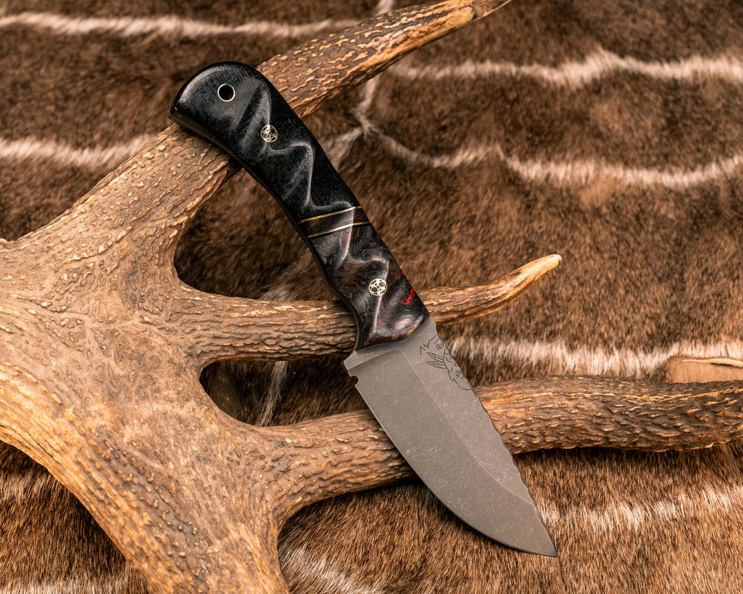 Cavner- Red Dark Matter Carbon, Black G10 and Brass Pin Striping, Red Dark Matter Carbon Split, Black Burlap Micarta, Mosaic Pins, Brass Lanyard Pin, Textured Grip