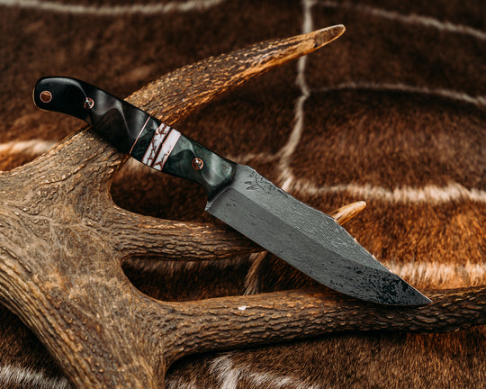 Crow Scout- Dyed Maple, Black G10 and Copper Pin Striping, White with Copper Web Tru-stone and Dyed Maple Split, Black and White Ebony, Patriot Mosaic Pins, Copper Lanyard Pin, Textured Grip
