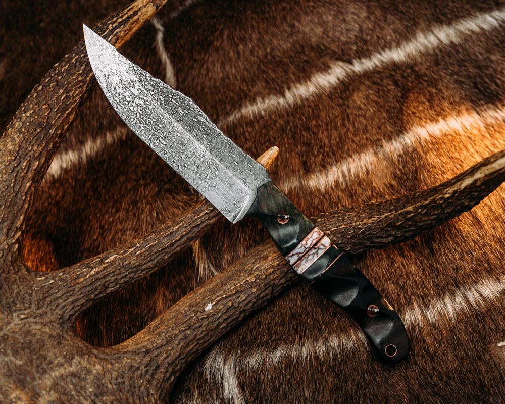 Crow Scout- Dyed Maple, Black G10 and Copper Pin Striping, White with Copper Web Tru-stone and Dyed Maple Split, Black and White Ebony, Patriot Mosaic Pins, Copper Lanyard Pin, Textured Grip