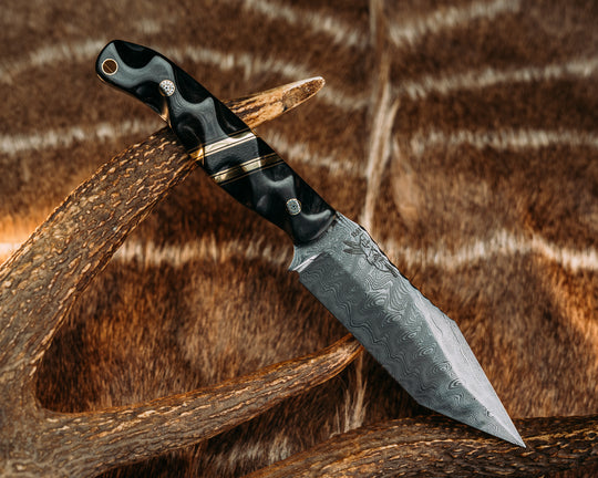 Crow Scout Tanto- Baker Forge Ripple Damascus- Dyed Redwood, Black G10, Coyote G10, Brass and Black Canvas Micarta Split, Rams Horn, Mosaic Pins, Brass Lanyard Pin, Textured Grip