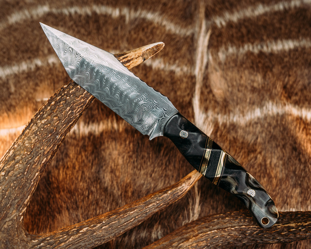 Crow Scout Tanto- Baker Forge Ripple Damascus- Dyed Redwood, Black G10, Coyote G10, Brass and Black Canvas Micarta Split, Rams Horn, Mosaic Pins, Brass Lanyard Pin, Textured Grip