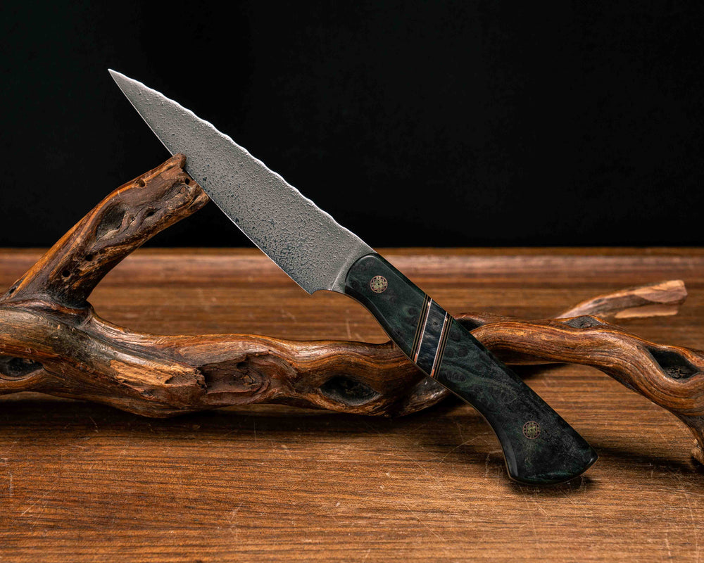 Pairing Knife- Dyed Redwood, OD Green G10, Black G10, Copper and White G10 Pin Striping, Dyed Maple Split, Mosaic Pins, OD Green G10 Liner, Mosaic Pins, Smooth Grip
