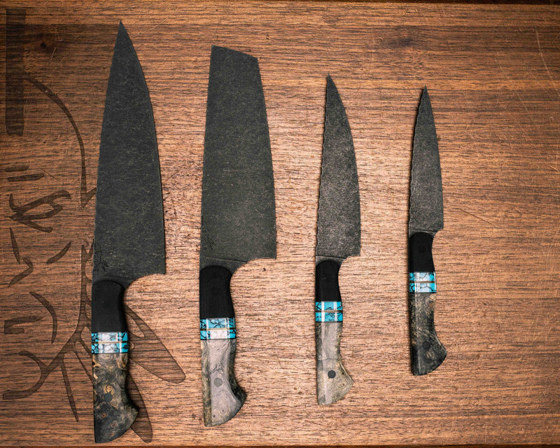 Chef Set- Black G10, Black G10, Brass and Coyote G10 Pin Striping, Turquoise with Black Web Tru-stone Split, Buckeye Burl, CF Pins, Smooth Grip