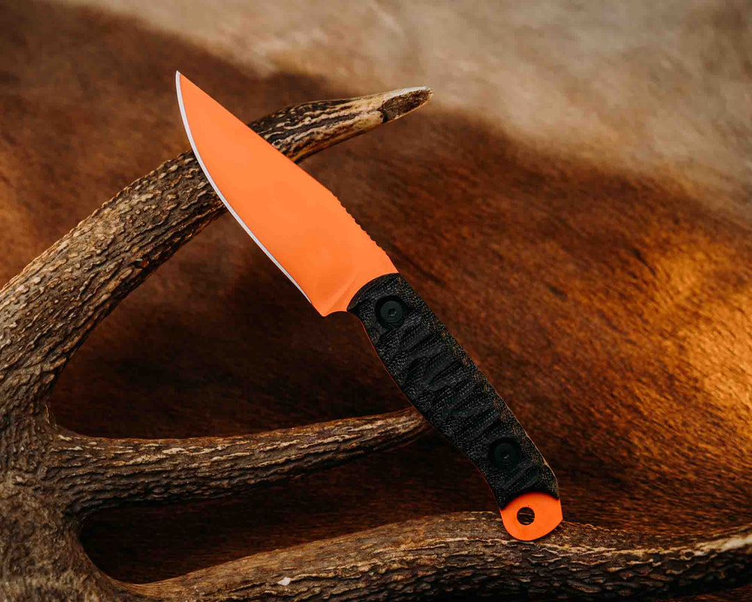 Crow Scalper- Black Canvas Micarta, Hunter Orange Cerakote, Allen Bolts, Textured Grip