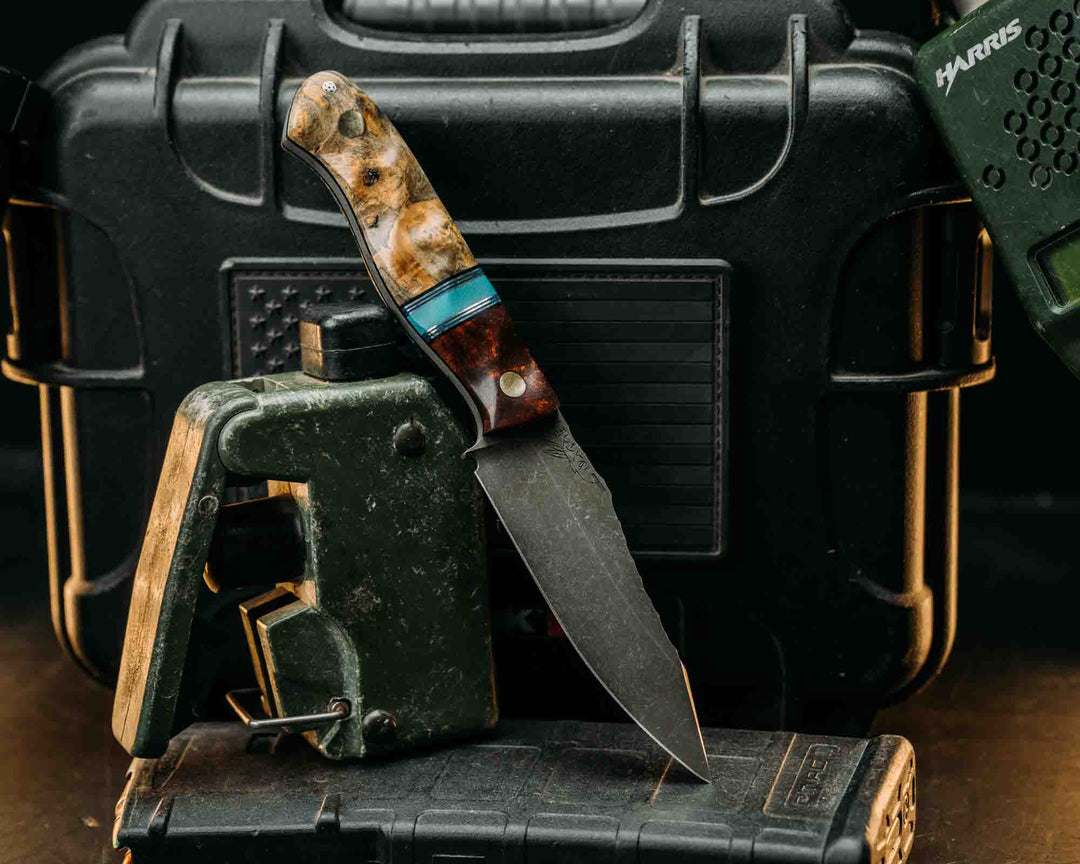 Field Knife Jr - Desert ironwood, Black & Blue G10 w/ Aluminum & Brass Pin Striping, Brittany Blue G10 Split, Buckeye, Brass Pins, Textured Grip.