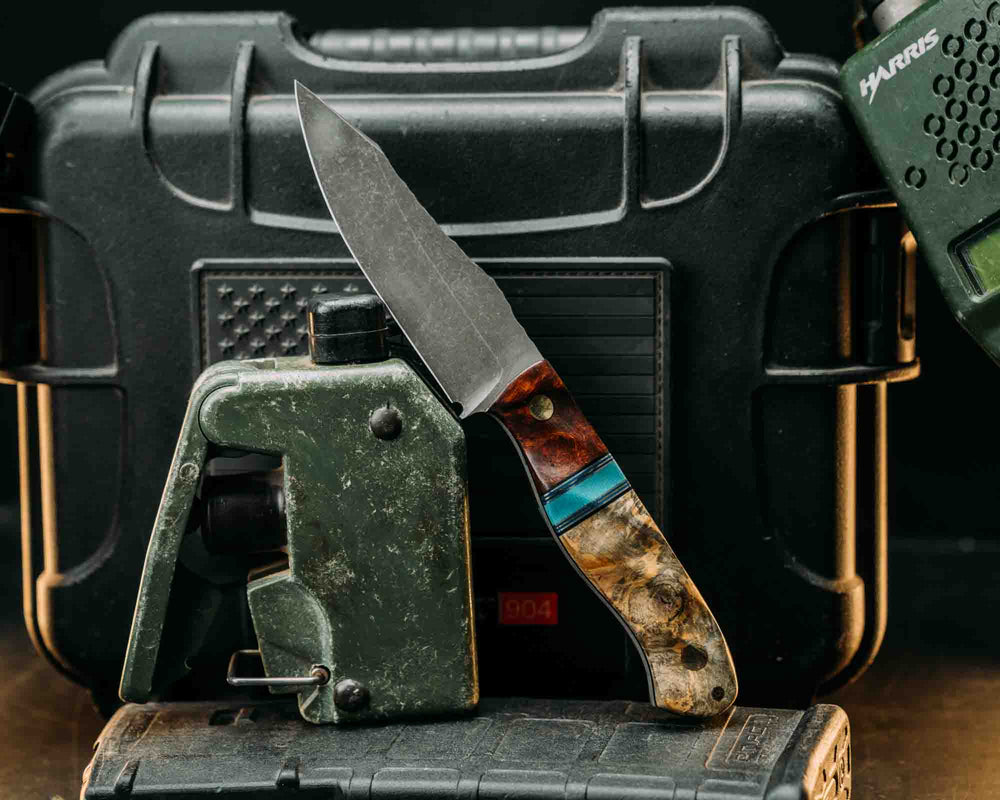 Field Knife Jr - Desert ironwood, Black & Blue G10 w/ Aluminum & Brass Pin Striping, Brittany Blue G10 Split, Buckeye, Brass Pins, Textured Grip.