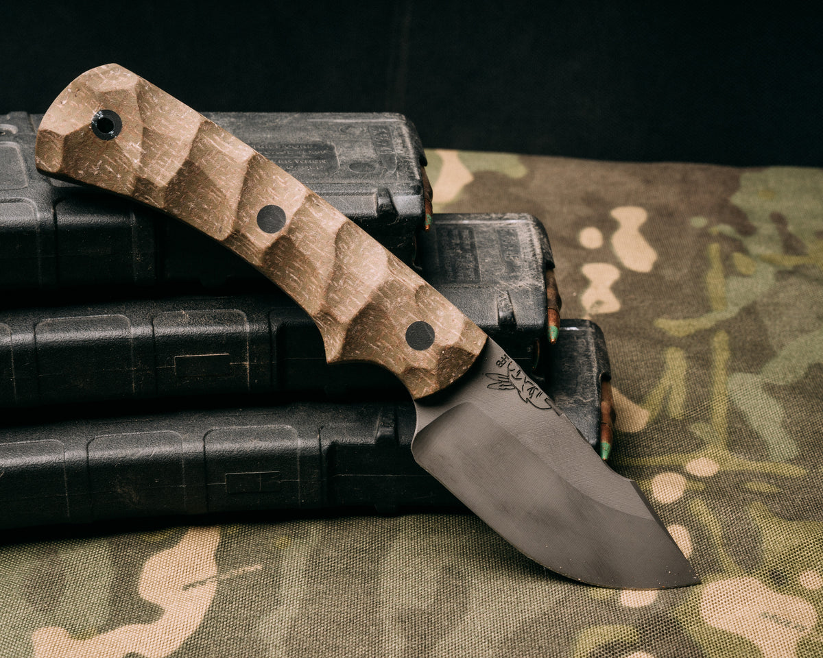 Beef Harpoon Point OD Green Burlap Micarta, CF pins, CF lanyard pin, Half Face Blades