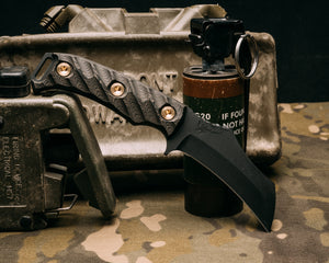 Vulture - gold camo carbon, armor black cerakote, brass allen bolts, iron grip, open tang