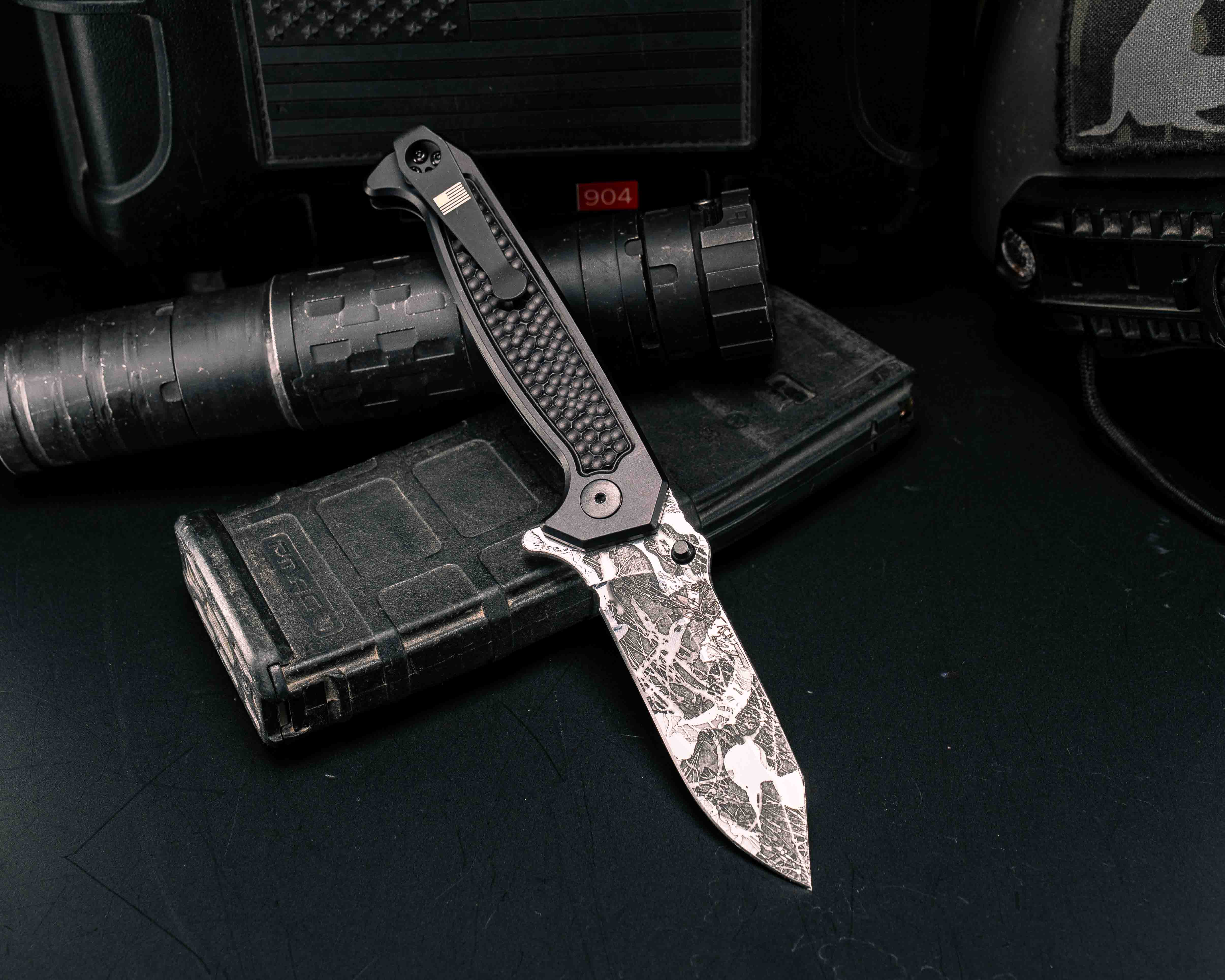 Custom Disaster Folder - Anodized Black Handle, Acid Splashed Custom Disaster Folder - Anodized Black Handle, Acid Splashed