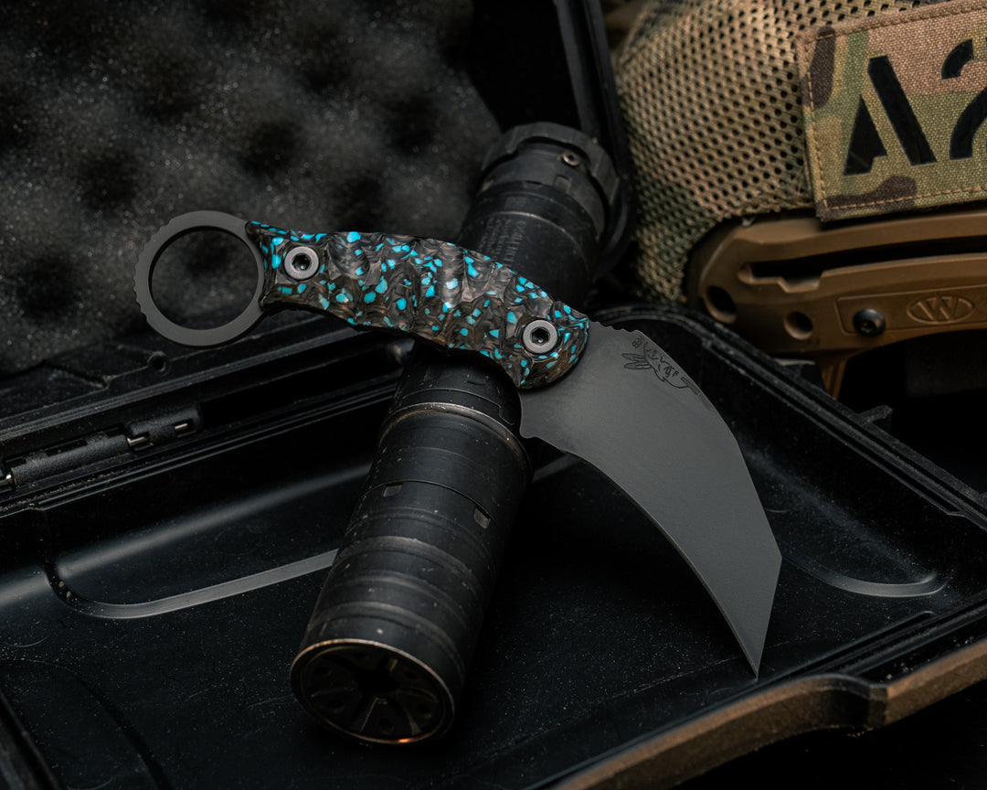 Karambito- Turquoise Rocky Wave Carbon, Armor Black Cerakote, Allen Bolts, Textured Grip
