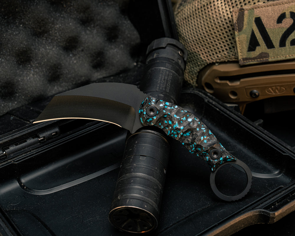 Karambito- Turquoise Rocky Wave Carbon, Armor Black Cerakote, Allen Bolts, Textured Grip