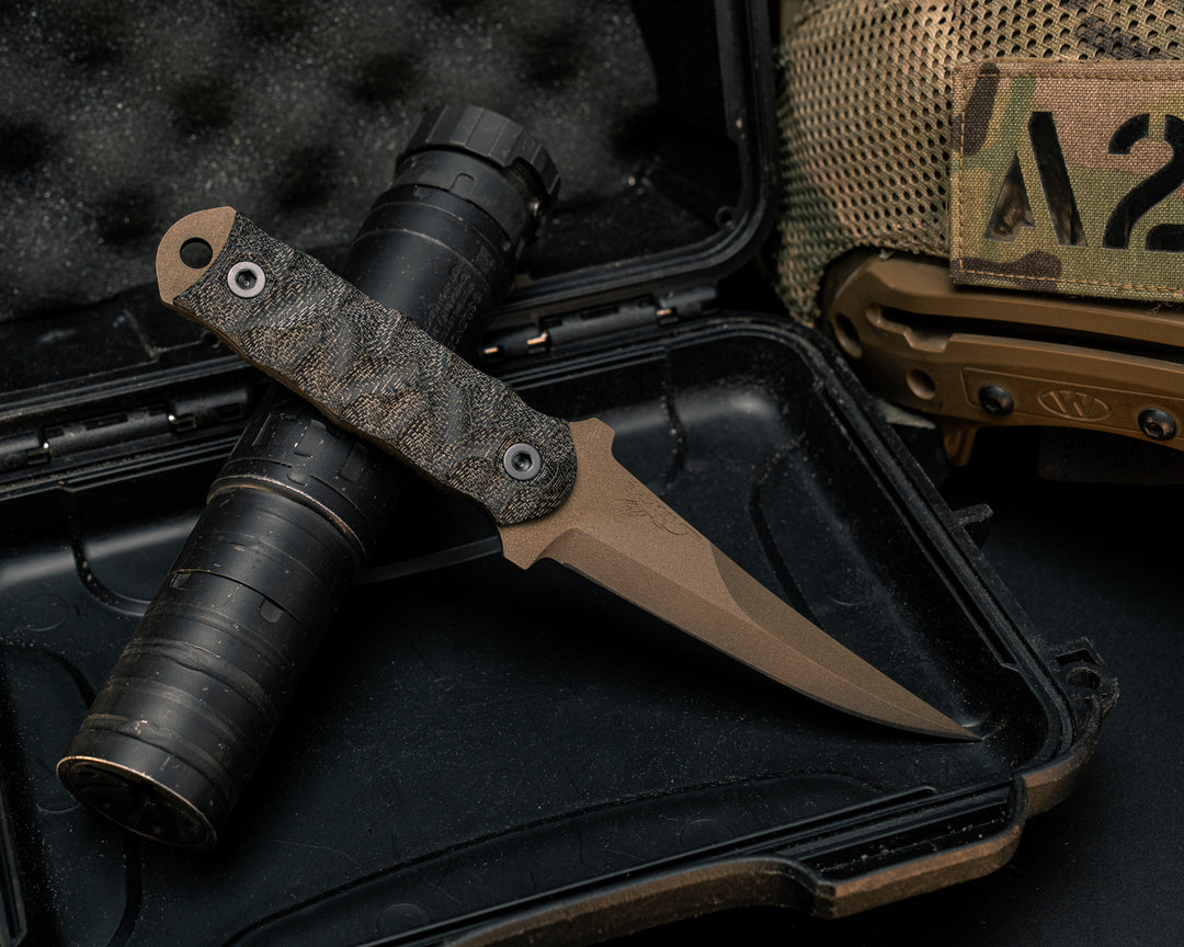 Combat Filet- Black Canvas Micarta, Midnight Bronze Cerakote, Allen Bolts, Textured Grip