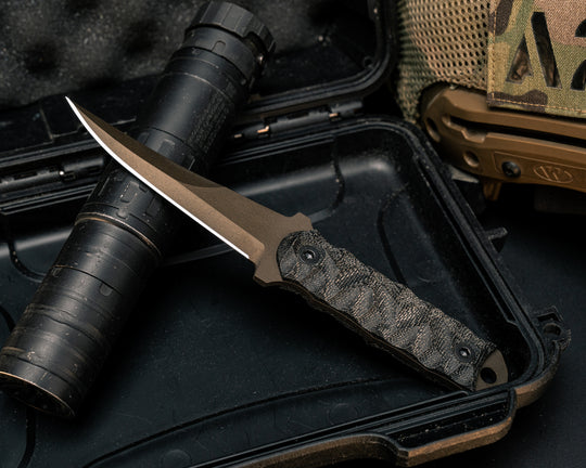 Combat Filet- Black Canvas Micarta, Midnight Bronze Cerakote, Allen Bolts, Textured Grip