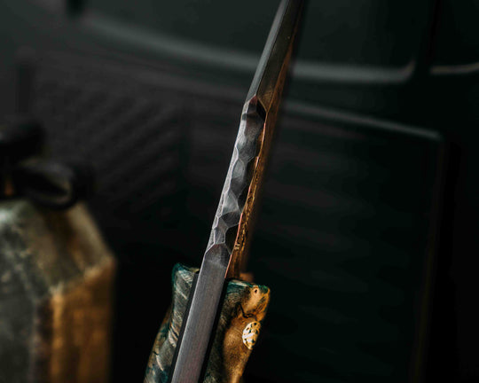 Widow Maker Jr- Baker Forge Random Pattern Damascus- Dyed Buckeye Burl, Black G10 and Brass Pin Striping, Black Burlap Micarta Split, Ancient Bog Oak, Brass Mosaic Pins, 1/8" Brass Mosaic Pin, Textured Grip