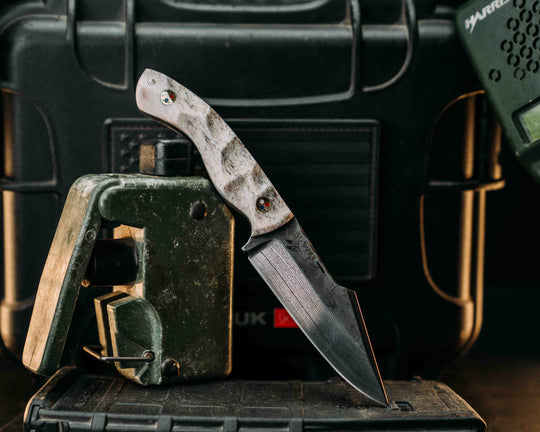 Widow Maker Jr- Baker Forge Random Pattern Damascus- Elk Antler, Patriot Mosaic Pins, 1/8" Patriot Mosaic Pin, Textured Grip
