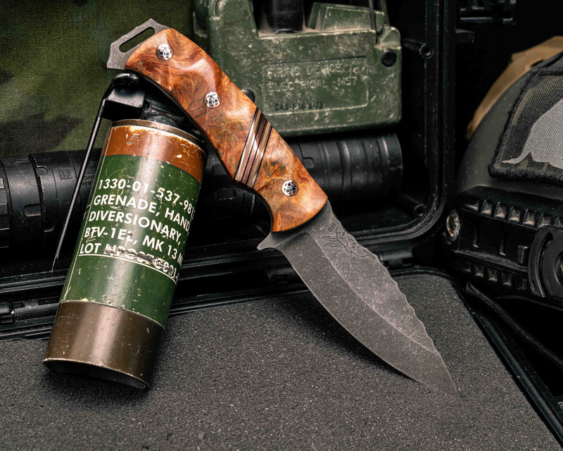 Ishi- Afzelia Burl, Black G10, Copper and OD Green G10 Split, Mosaic Pins, Textured Grip