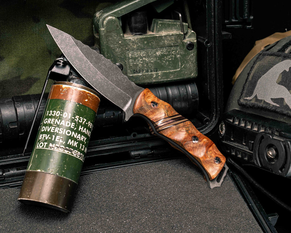 Ishi- Afzelia Burl, Black G10, Copper and OD Green G10 Split, Mosaic Pins, Textured Grip