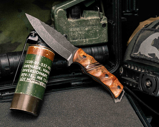 Ishi- Afzelia Burl, Black G10, Copper and OD Green G10 Split, Mosaic Pins, Textured Grip