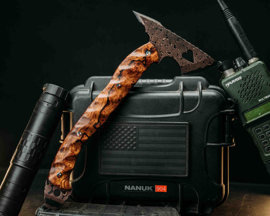Bleeding Heart Hawk- Baker Forge Raindrop CopperMai- Desert Ironwood, Patriot Mosaic Pins, Textured Grip