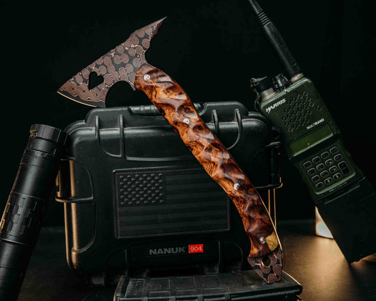 Bleeding Heart Hawk- Baker Forge Raindrop CopperMai- Desert Ironwood, Patriot Mosaic Pins, Textured Grip
