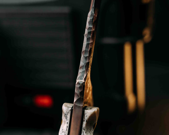 Trench Knife- Baker Forge Random Pattern CopperMai- Elk antler, Brass Pins, Brass Lanyard Pin, Textured Grip