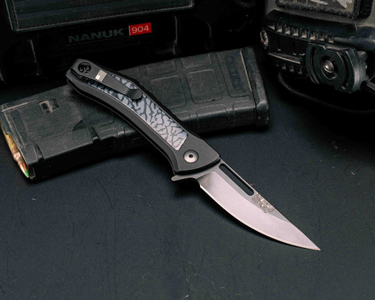 Custom Kwaiken Folder - Black and Grey Elephant Print Jordan Resin, Anodized Black Handle, Black Nitride Blade, Textured Grip, Deep Carry Pocket Clip