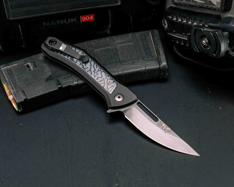 Custom Kwaiken Folder - Black and Grey Elephant Print Jordan Resin, Anodized Black Handle, Black Nitride Blade, Textured Grip, Deep Carry Pocket Clip