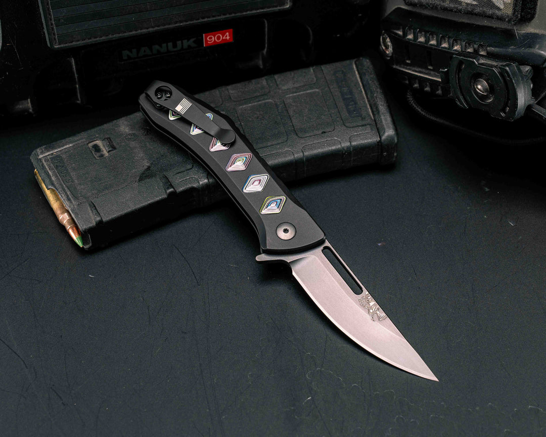 Custom Kwaiken Folder- Fordite, Anodized Black Handle, Black Nitride Blade, Textured Grip, Deep Carry Pocket Clip