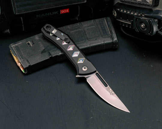 Custom Kwaiken Folder- Fordite, Anodized Black Handle, Black Nitride Blade, Textured Grip, Deep Carry Pocket Clip