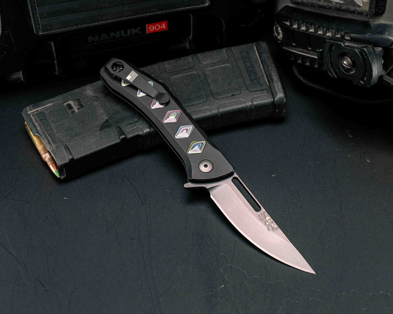 Custom Kwaiken Folder- Fordite, Anodized Black Handle, Black Nitride Blade, Textured Grip, Deep Carry Pocket Clip