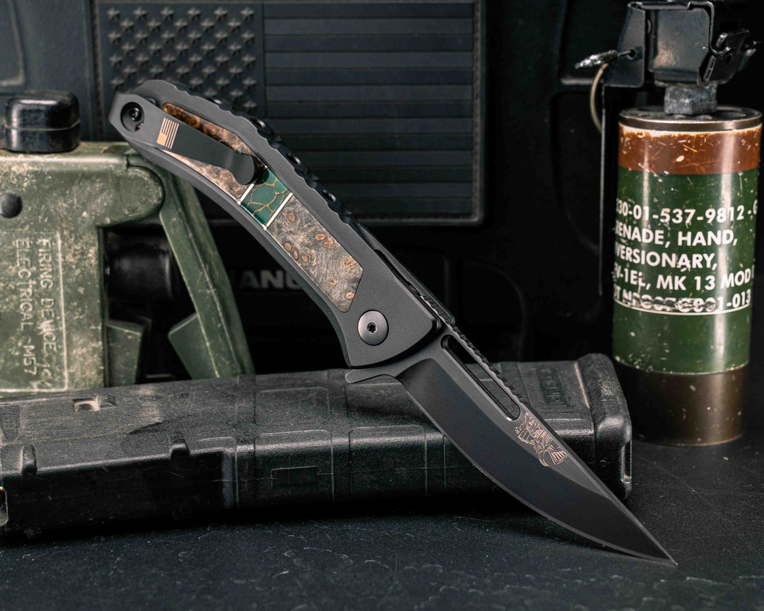 Custom Kwaiken Folder - Buckeye Burl, Black G10 and Brass Pin Striping, Arizona Jade Tru-stone Split, Chechen Caribbean Rosewood, Anodized Black Handle, Black Nitride Blade, Smooth Grip, Deep Carry Pocket Clip