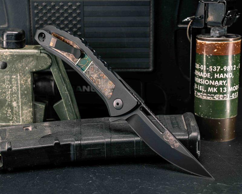 Custom Kwaiken Folder - Buckeye Burl, Black G10 and Brass Pin Striping, Arizona Jade Tru-stone Split, Chechen Caribbean Rosewood, Anodized Black Handle, Black Nitride Blade, Smooth Grip, Deep Carry Pocket Clip