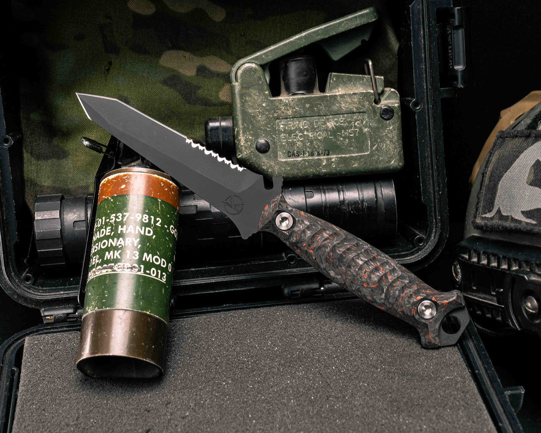 Dive Knife Tanto- Orange Dark Matter FAT Carbon, Armor Black Cerakote, Ti Torx Bolts, Textured Grip