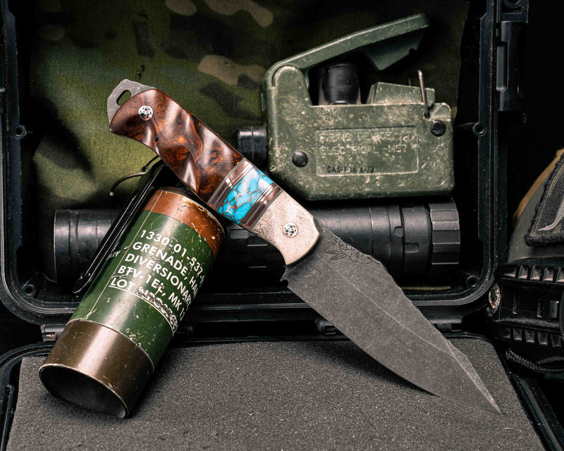 Field Knife- Elk Antler, Grey G10 and Copper Pin Striping, Turquoise with Copper Web Tru-stone Split, Desert Ironwood, Mosaic Pins, Textured Grip