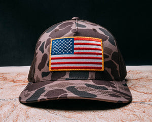American Flag Duck Camo/Brown snap back