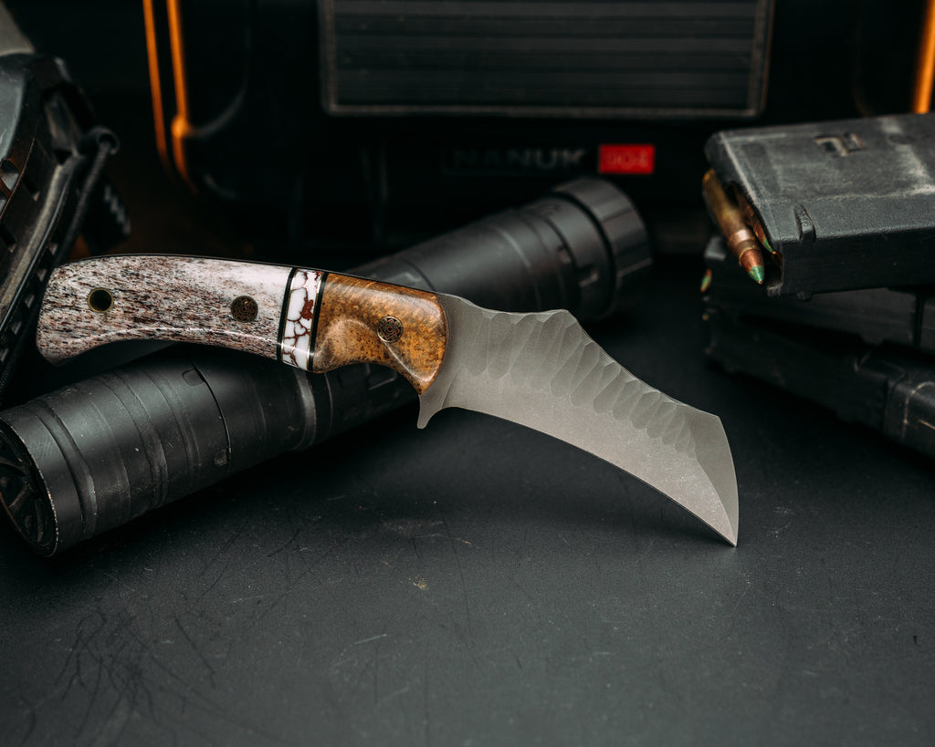 Vulture - Teak, Back G10 and Brass Pin Striping, White with Copper Matrix Tru-stone Split, CO Elk, Mosaic Pins, Brass Lanyard Pin, Contoured Grip