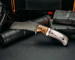Vulture - Teak, Back G10 and Brass Pin Striping, White with Copper Matrix Tru-stone Split, CO Elk, Mosaic Pins, Brass Lanyard Pin, Contoured Grip