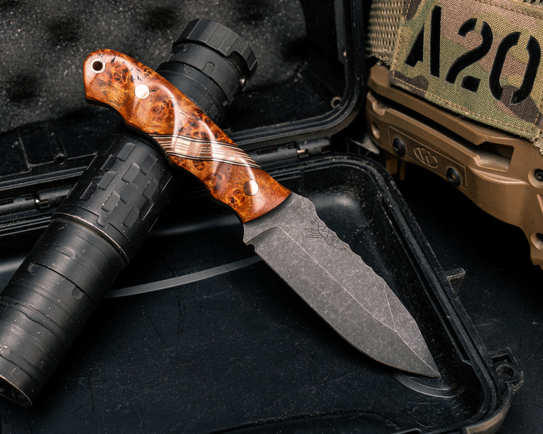 Disaster Jr- Amboyna Burl, Black G10, Copper and White G10 Split, Copper Pins, Copper Lanyard Pin, Textured Grip