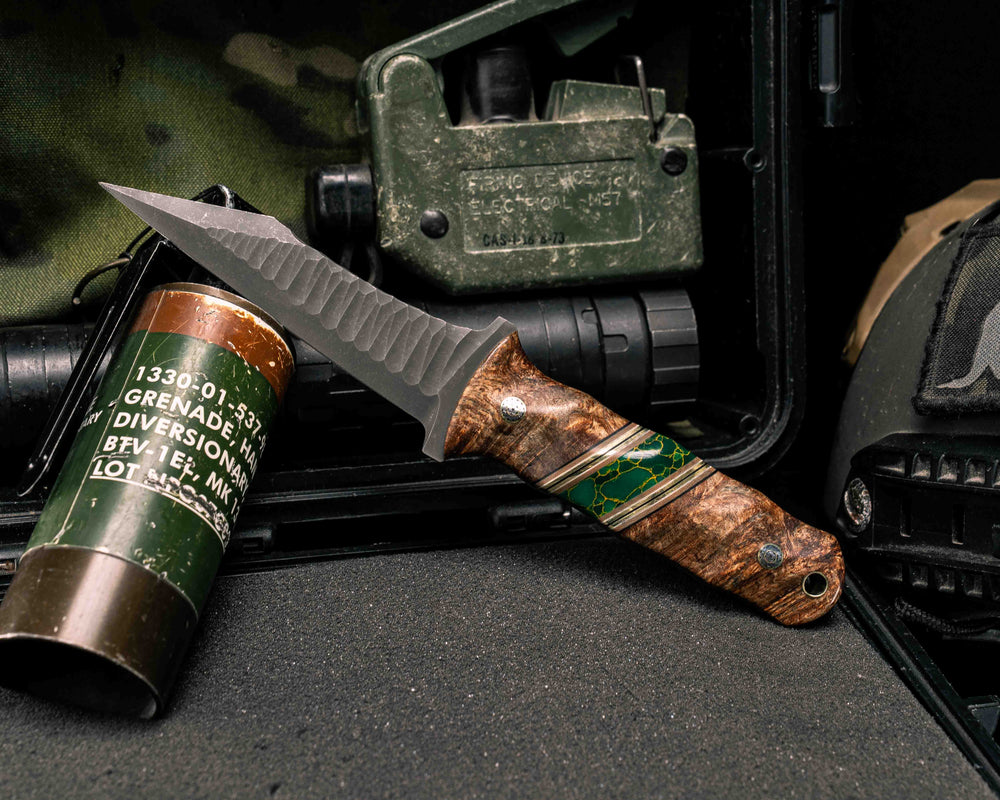 Combat Dirt Nap- Mesquite, Black G10, Coyote G10 and Brass Pin Striping, Arizona Jade Tru-stone Split, Mosaic Pins, Brass Lanyard Pin, Textured Grip