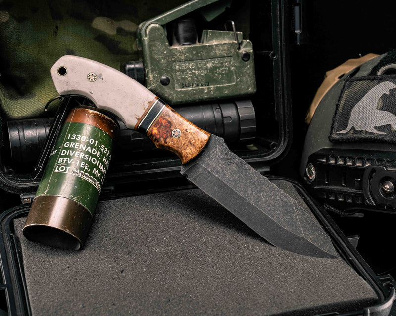 Disaster Breacher- Lion's Blood Amoeba, Natural Canvas Micarta, Brass and Black Canvas Micarta Split, Elk Antler, Mosaic Pins, Brass Lanyard Pin, Smooth Grip
