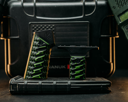 HFB x Kinetic AR Grip System SET -  Toxic Green & Black G10, Armor Black Cerakote Frames, Snake Textured Grip