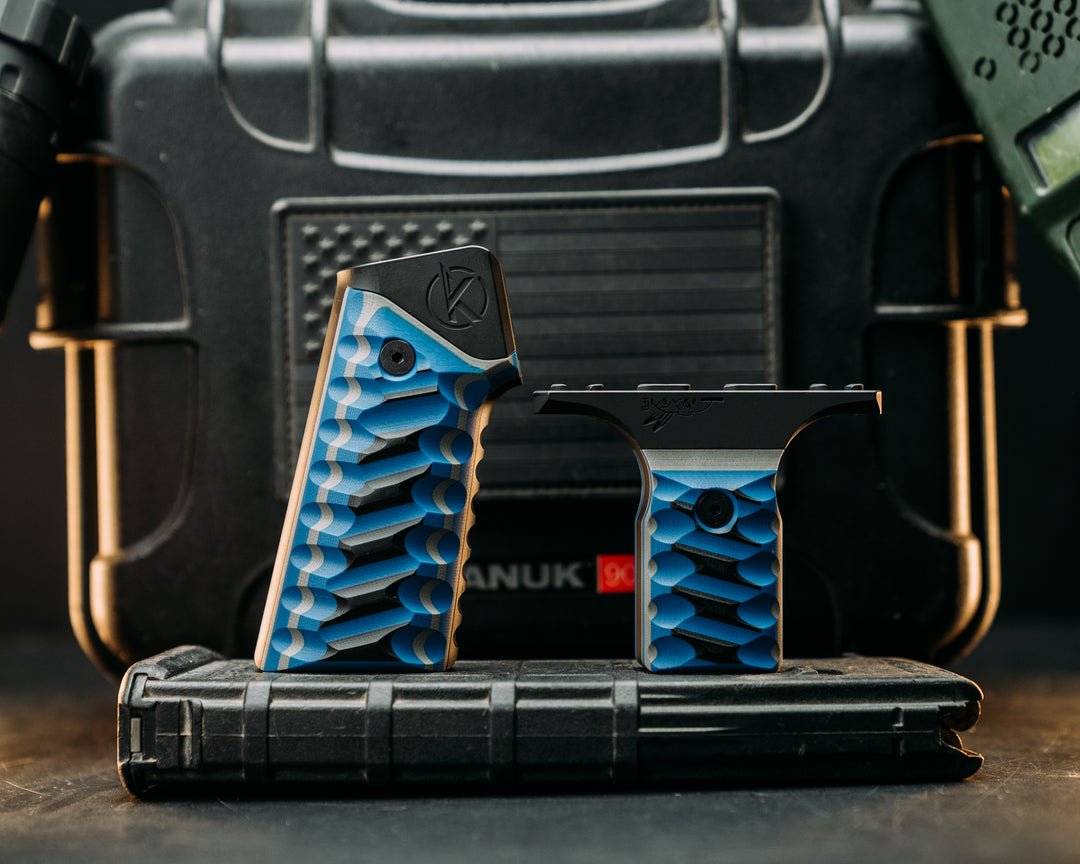 HFB x Kinetic AR Grip System SET -  Black, Blue & Gray G10, Armor Black Cerakote Frames, Snake Textured Grip