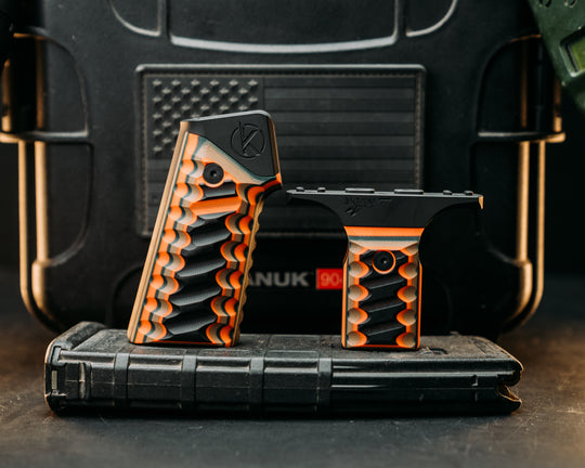HFB x Kinetic AR Grip System SET - Black, Coyote & Orange G10 , Armor Black Cerakote Frames, Snake Textured Grip