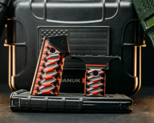 HFB x Kinetic AR Grip System SET - Red, Gray & Black G10 , Armor Black Cerakote Frames, Snake Textured Grip