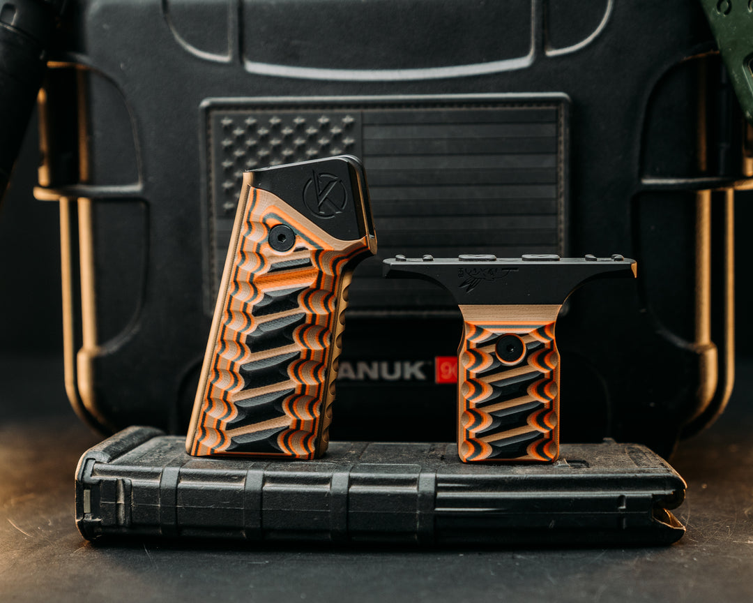 HFB x Kinetic AR Grip System SET - Black, Coyote & Orange G10 , Armor Black Cerakote Frames, Snake Textured Grip