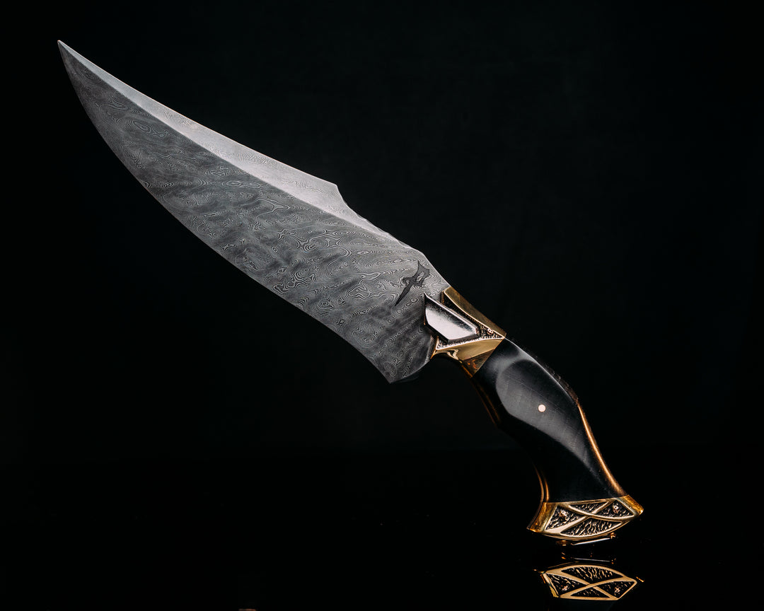 Half Face Blades X Dire Pacific Giveaway - Recurve Fighter - 400 Layered Dire Pacific Forged Damascus - Brass Bolster w/ Crystallized Titanium Guard Inlay, African Blackwood, Solid Brass Pommel, Crystalized Titanium Pommel Cap, Bronze Pins, Textured Grip.